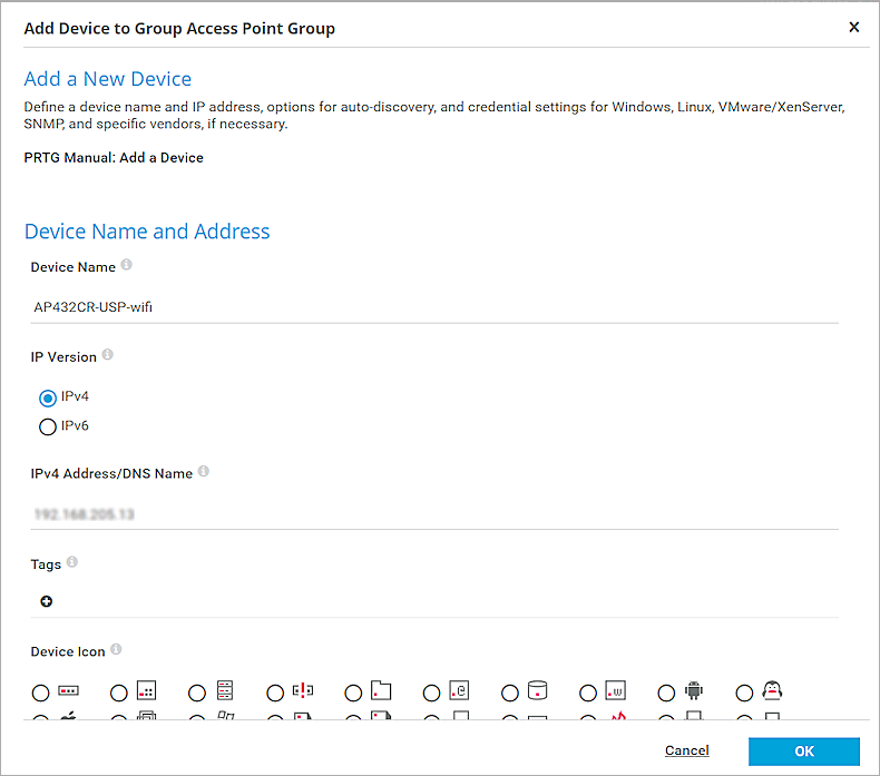 Screenshot of the Add Device to Group Access Point Group page in PRTG